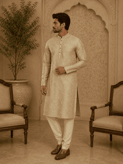 MULTI SHADES Elegant Pastel Gold Elegant Pastel Gold Self-Textured Mens Kurta Set Mens Kurta Set