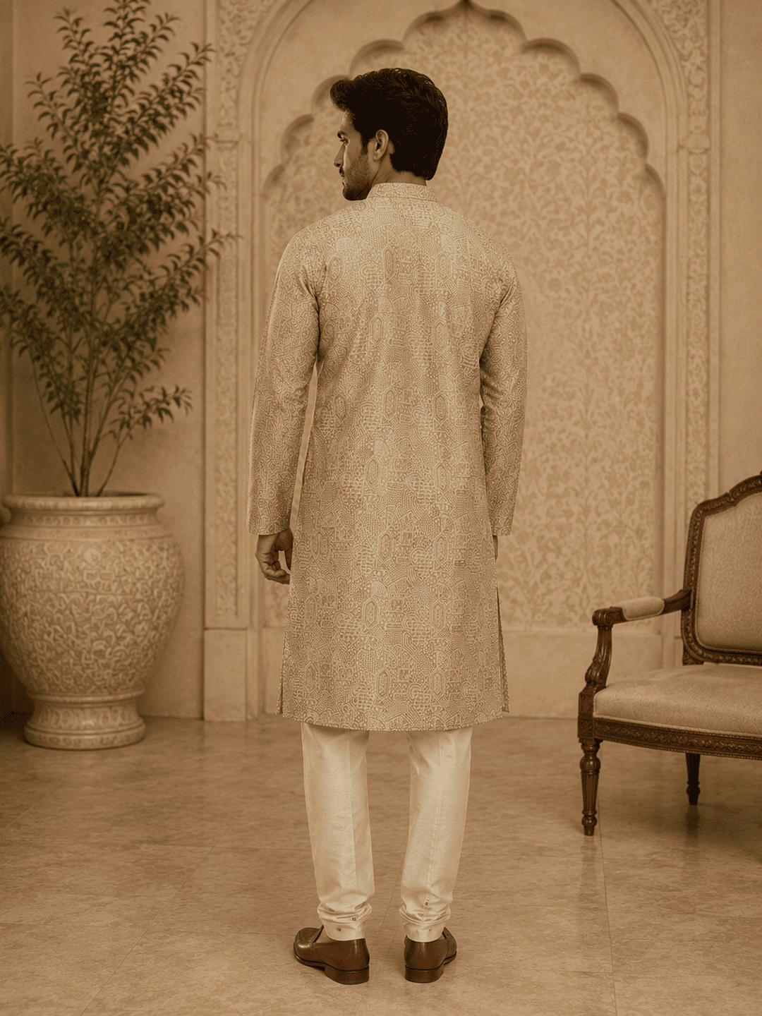 MULTI SHADES Elegant Pastel Gold Printed Mens Kurta