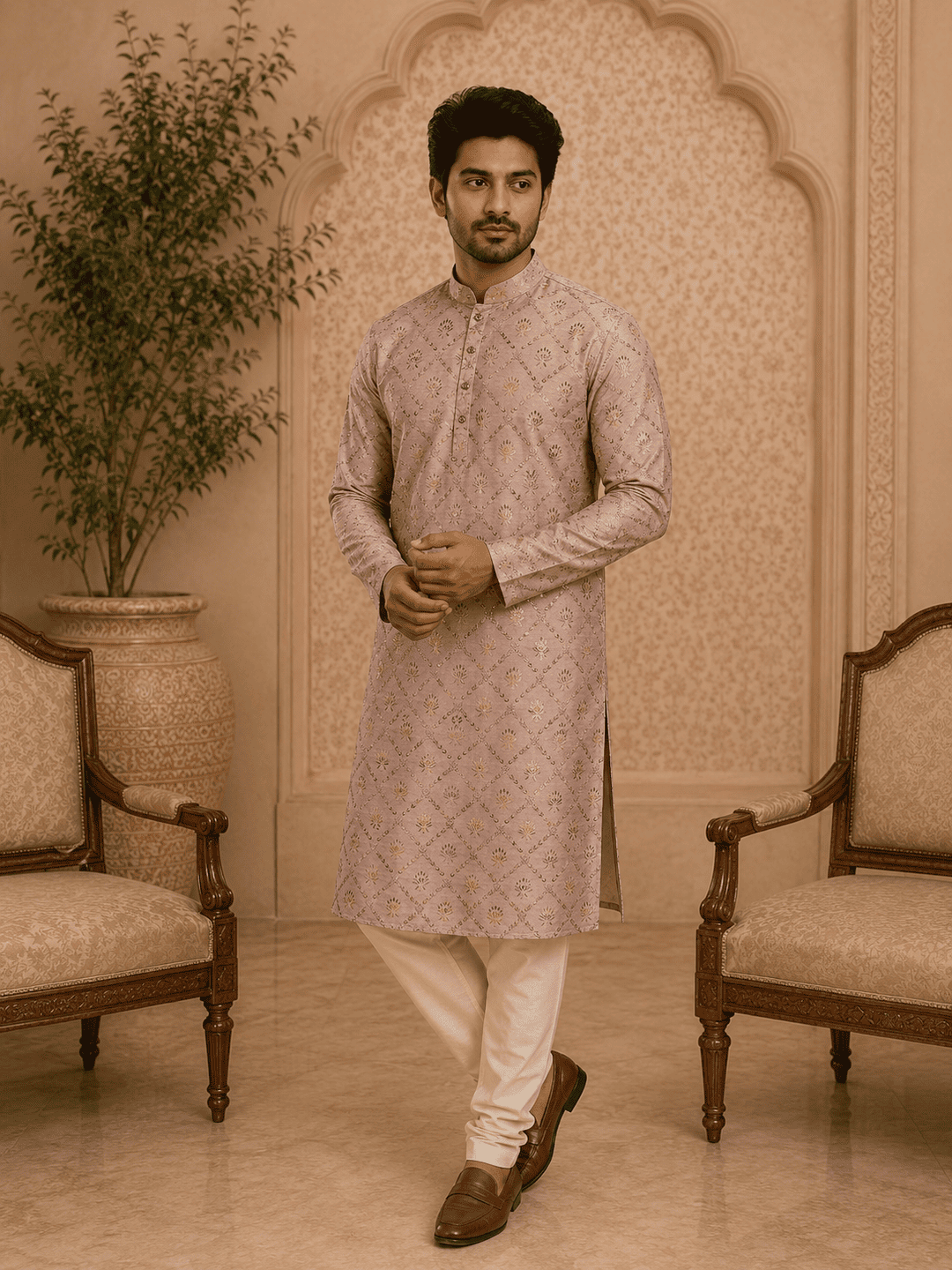 MULTI SHADES Peach Printed Mens Kurta