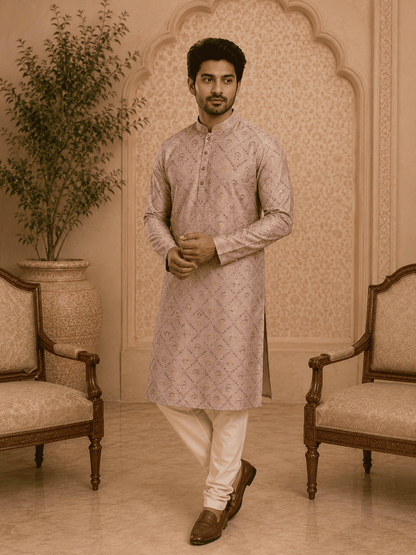 MULTI SHADES Peach Printed Mens Kurta Set