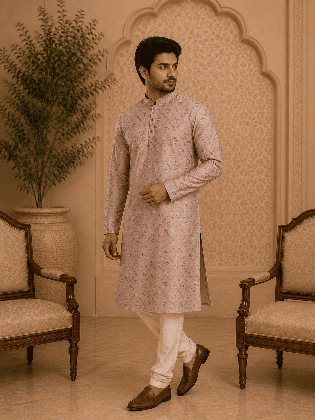 MULTI SHADES Peach Printed Mens Kurta Set