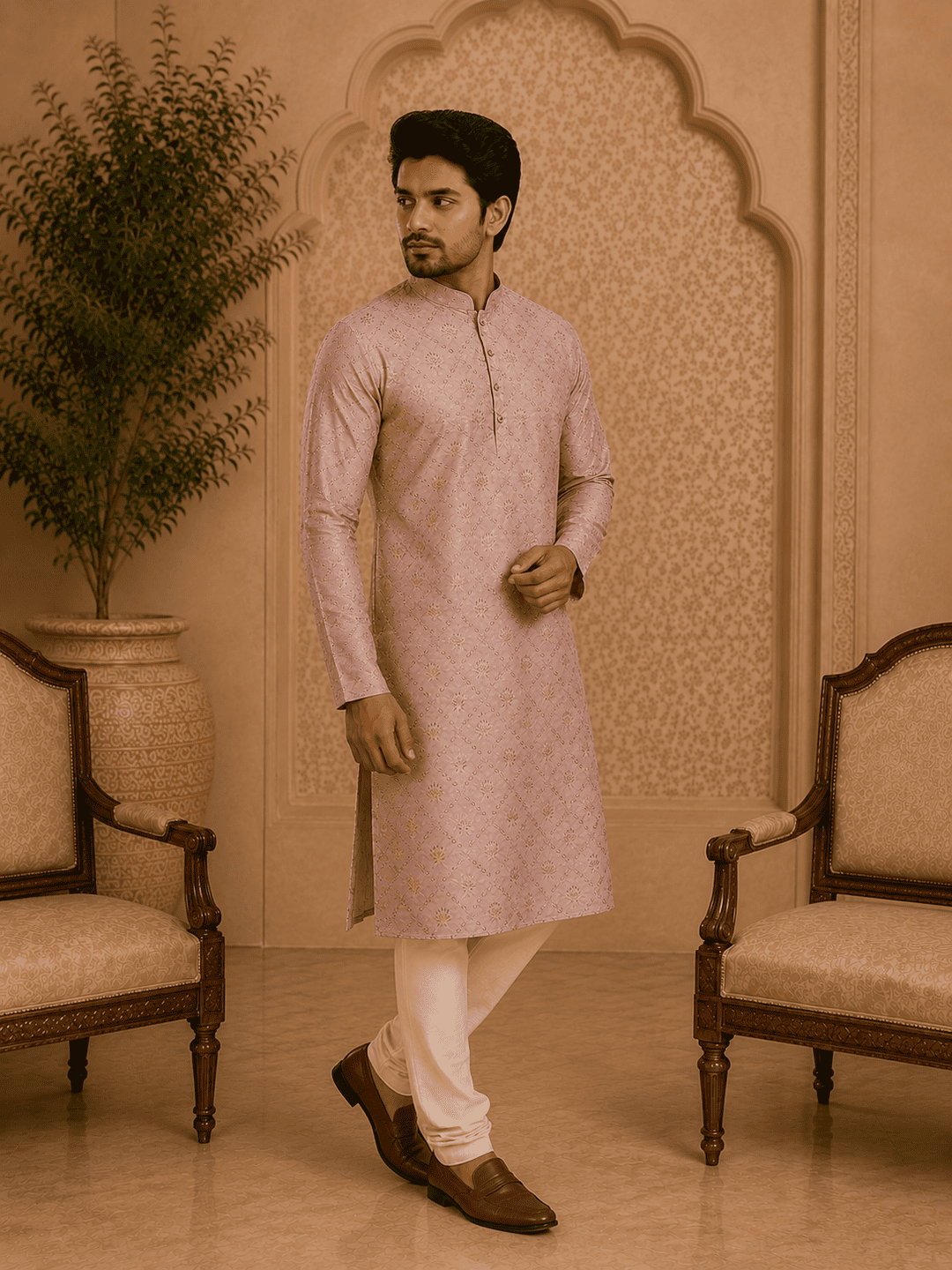 MULTI SHADES Peach Printed Mens Kurta