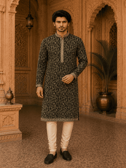MULTI SHADES Royal Black Embroidered Mens Kurta Set (With Inner Lining)