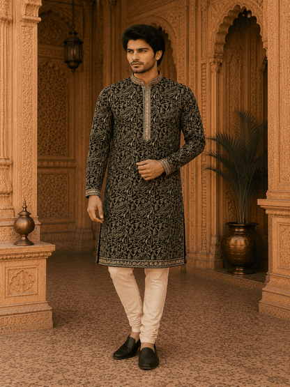 MULTI SHADES Royal Black Embroidered Mens Kurta Set (With Inner Lining)