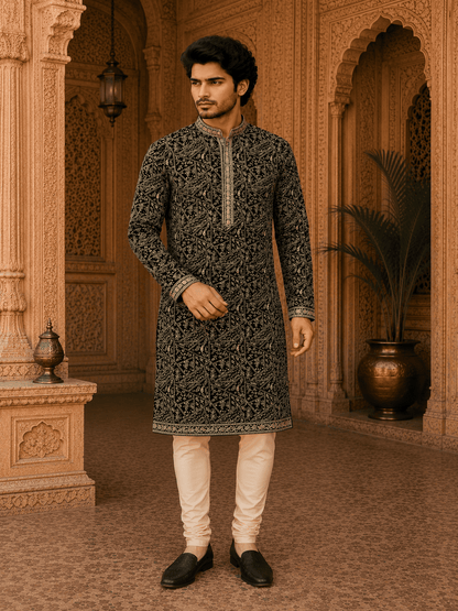 MULTI SHADES Royal Black Embroidered Mens Kurta (With Inner Lining)