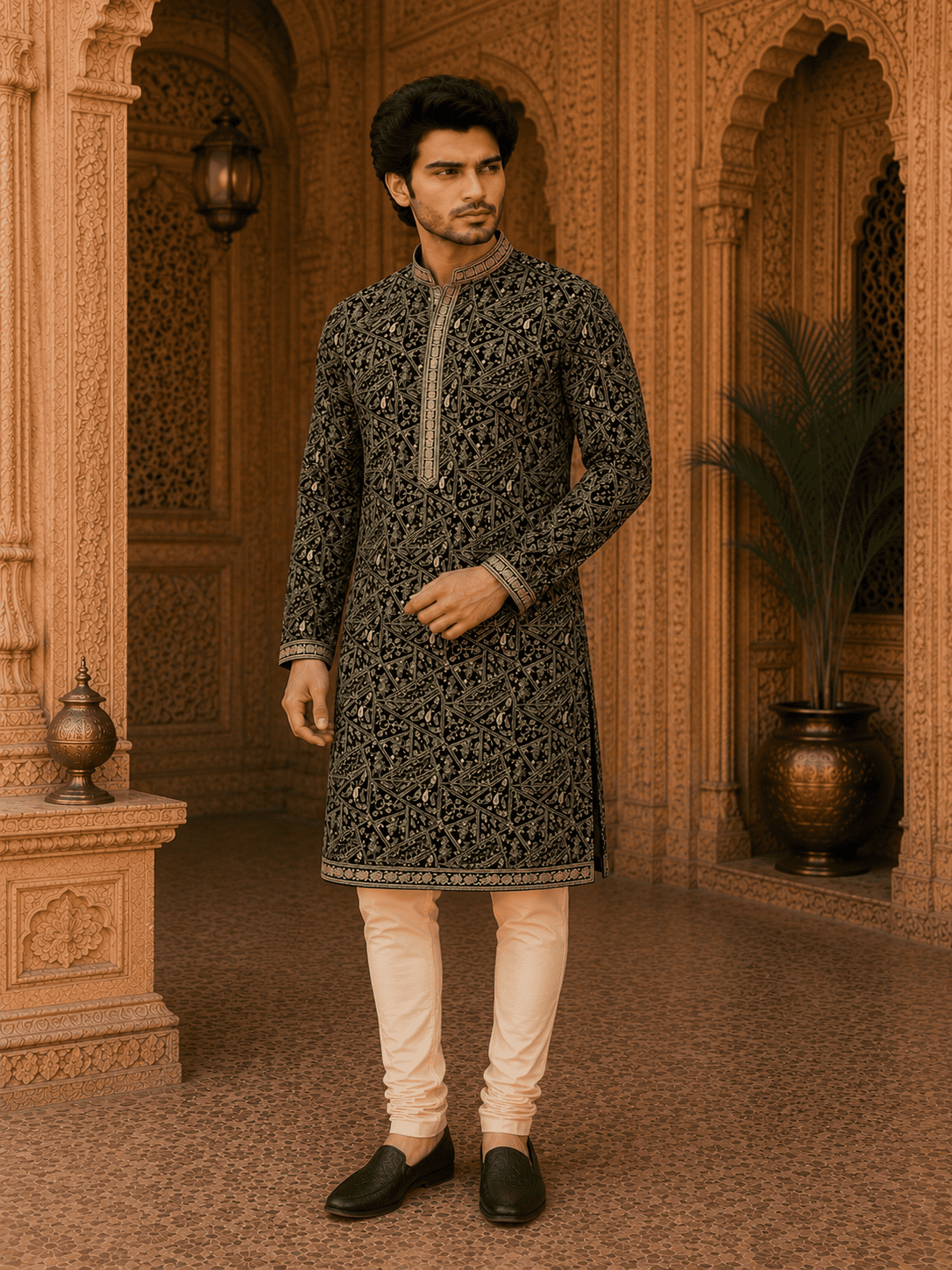MULTI SHADES Royal Black Embroidered Mens Kurta Set (With Inner Lining)