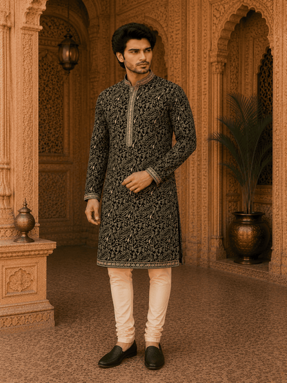 MULTI SHADES Royal Black Embroidered Mens Kurta Set (With Inner Lining)