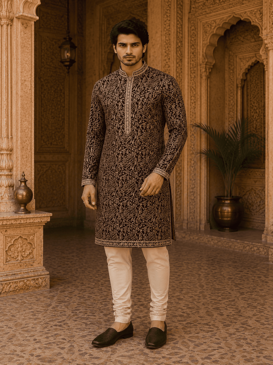 MULTI SHADES Royal Wine Embroidered Mens Kurta Set with Inner Lining (Astar)