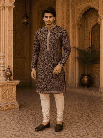 MULTI SHADES Royal Wine Embroidered Mens Kurta Set with Inner Lining (Astar)