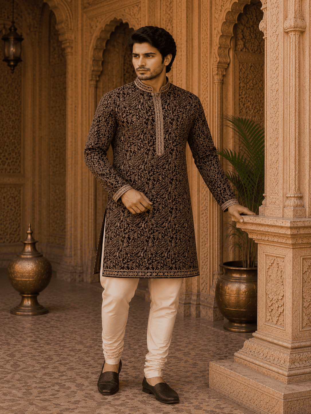MULTI SHADES Royal Wine Embroidered Mens Kurta Set with Inner Lining (Astar)