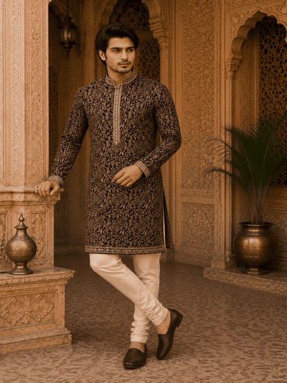 MULTI SHADES Royal Wine Embroidered Mens Kurta with Inner Lining (Astar)