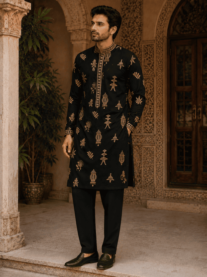 MULTI SHADES Midnight Black Gold Motif Embroidered Kurta Set with Inner Lining (Astar)