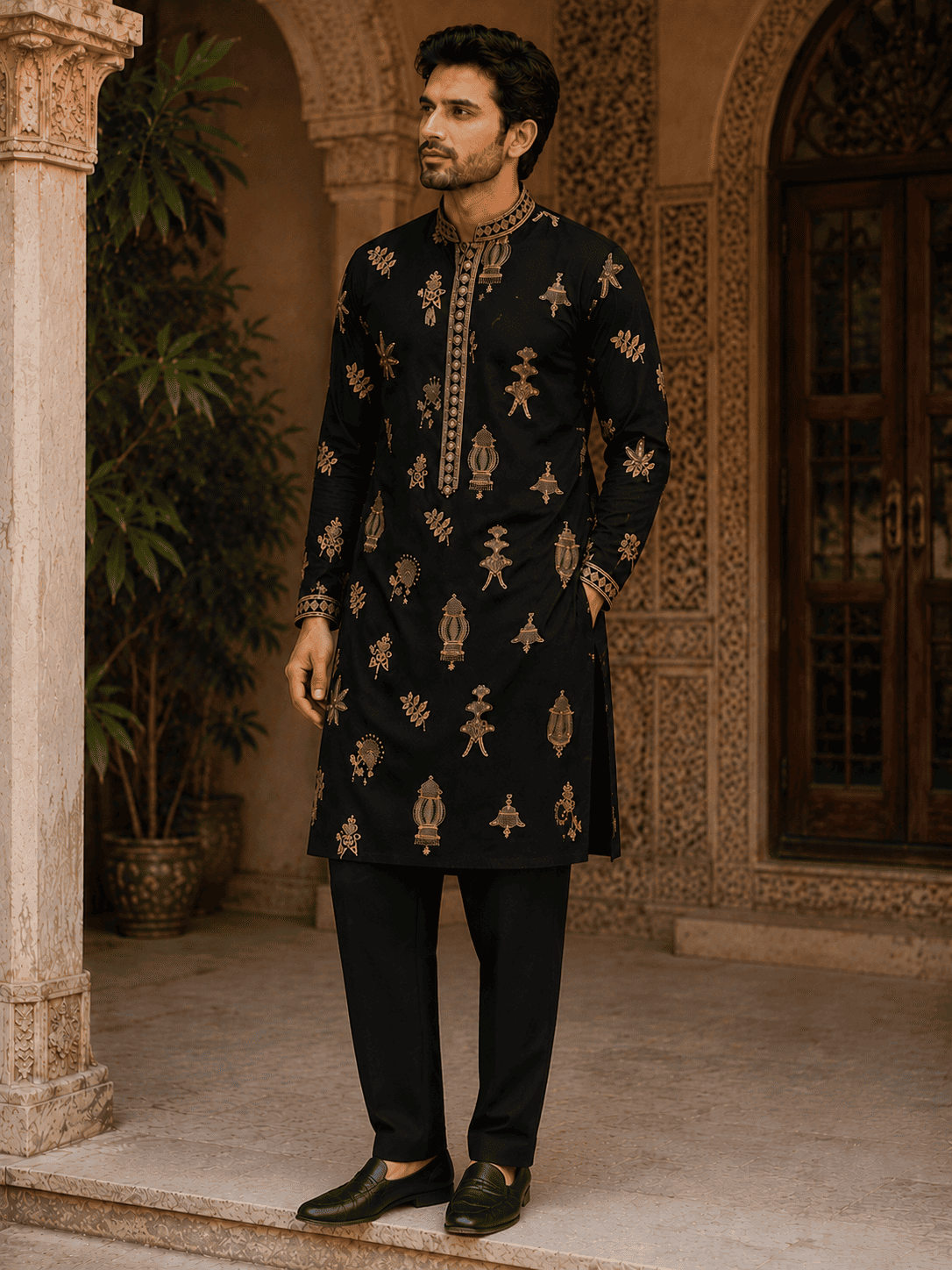 MULTI SHADES Midnight Black Gold Motif Embroidered Kurta with Inner Lining (Astar)