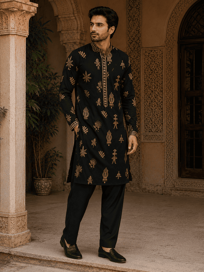 MULTI SHADES Midnight Black Gold Motif Embroidered Kurta with Inner Lining (Astar)