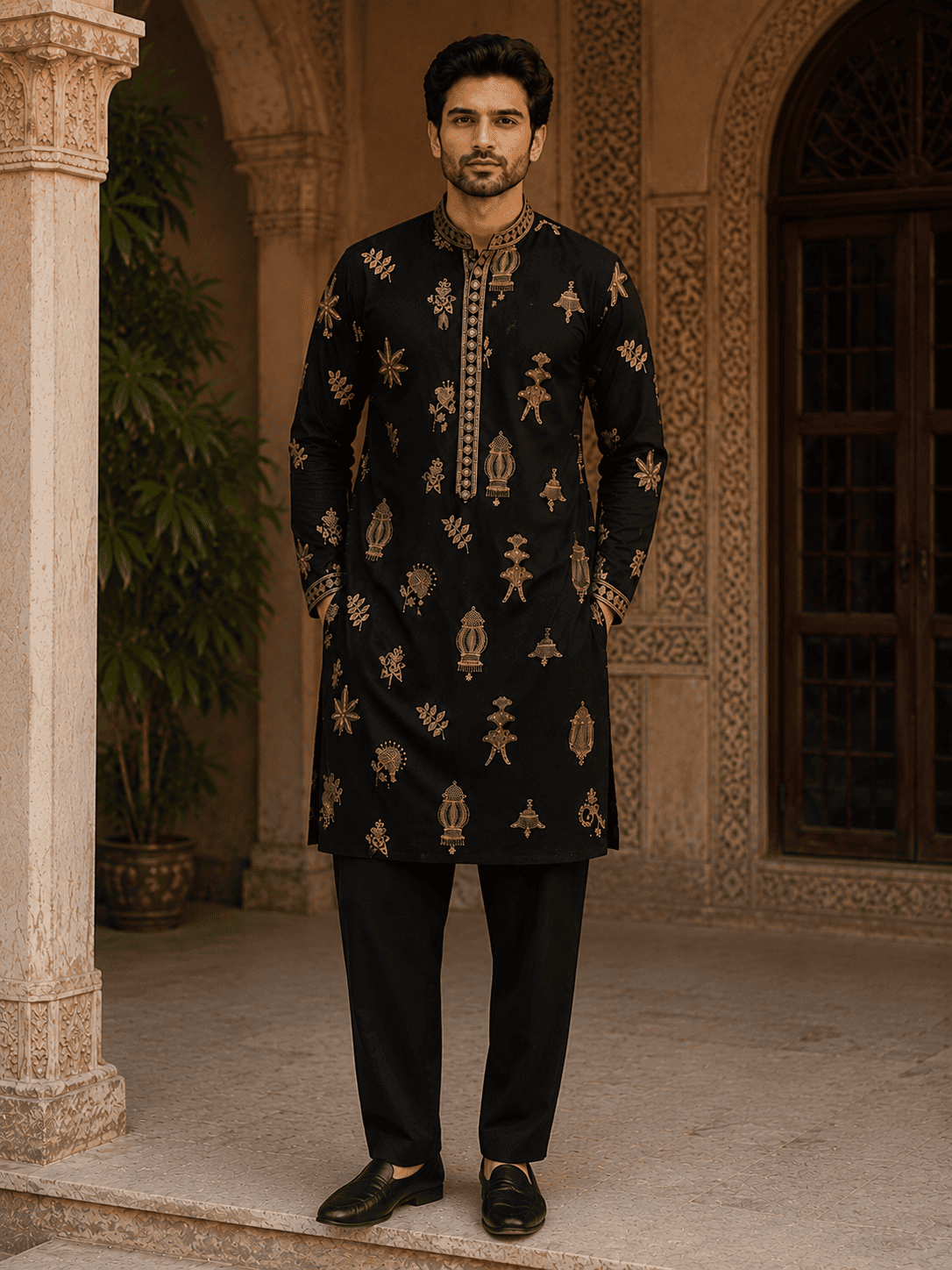MULTI SHADES Midnight Black Gold Motif Embroidered Kurta with Inner Lining (Astar)