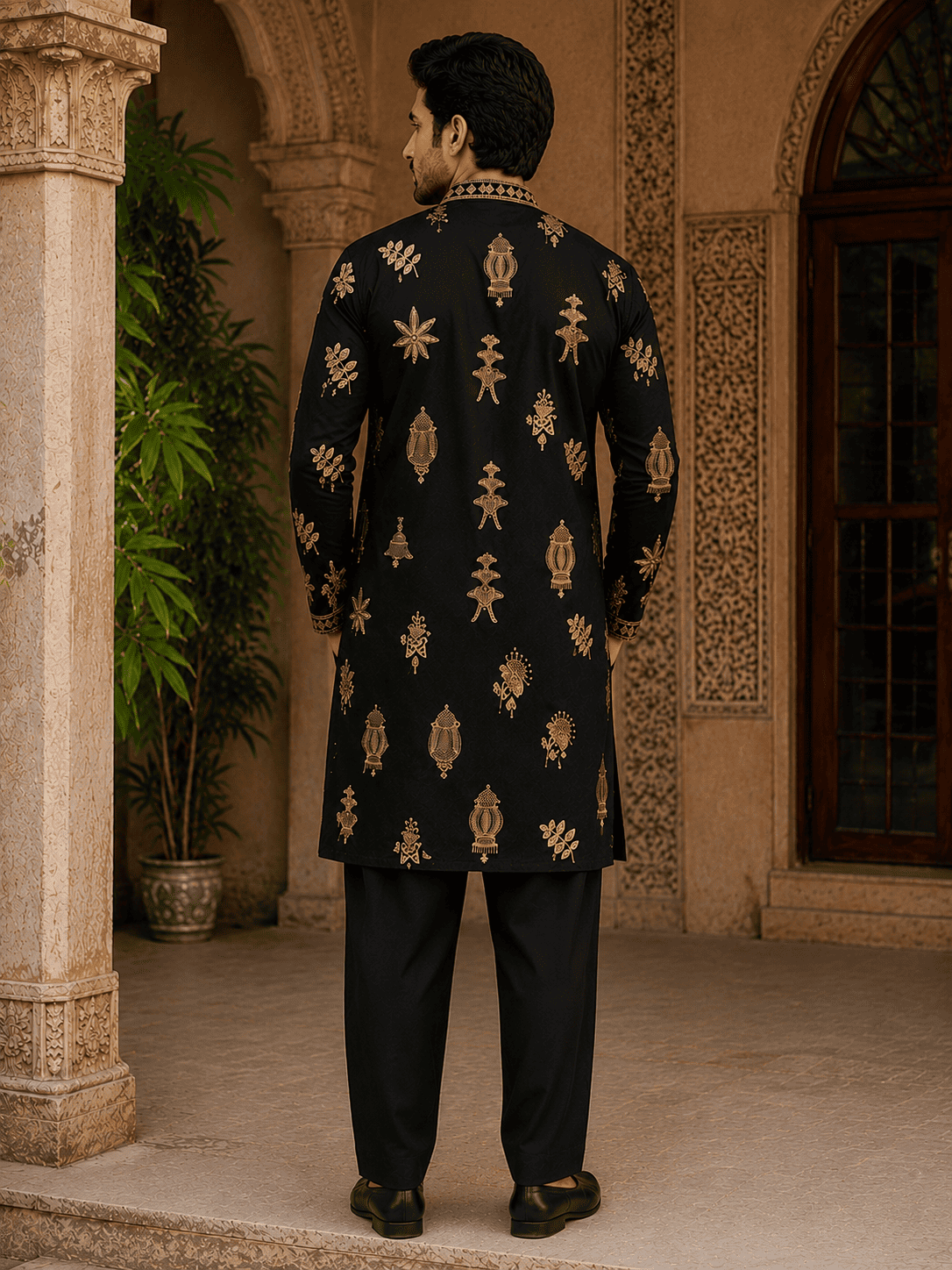 MULTI SHADES Midnight Black Gold Motif Embroidered Kurta with Inner Lining (Astar)