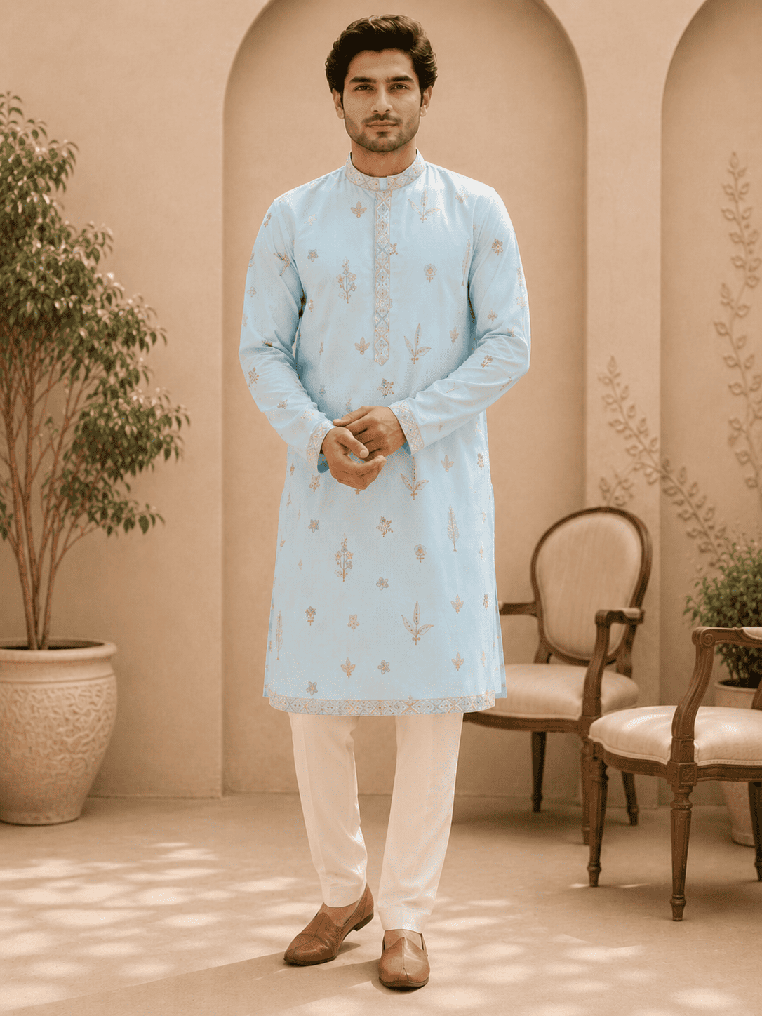MULTI SHADES Sky Blue Embroidered Mens Kurta Set