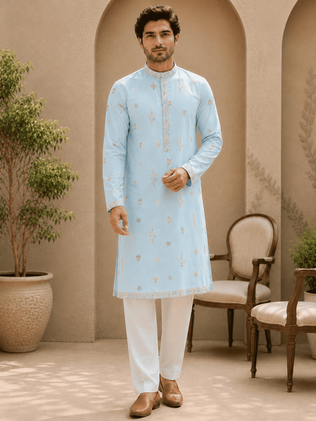 MULTI SHADES Sky Blue Embroidered Mens Kurta Set