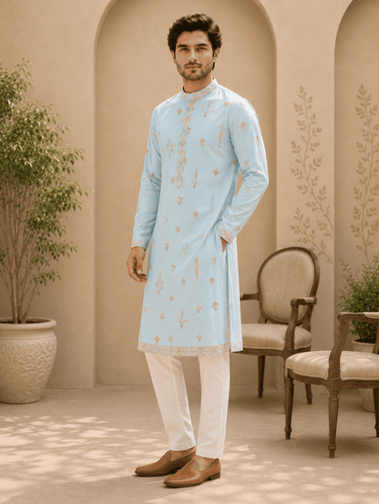 MULTI SHADES Sky Blue Embroidered Mens Kurta