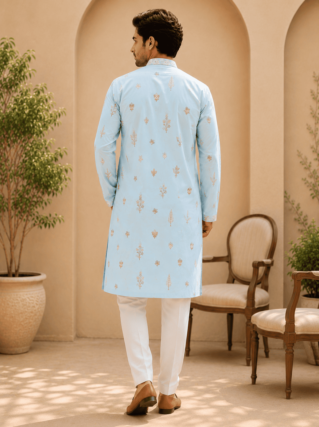MULTI SHADES Sky Blue Embroidered Mens Kurta Set