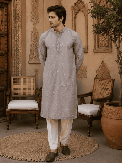 MULTI SHADES Dusty Grey Pastel Embroidered Mens Kurta Set