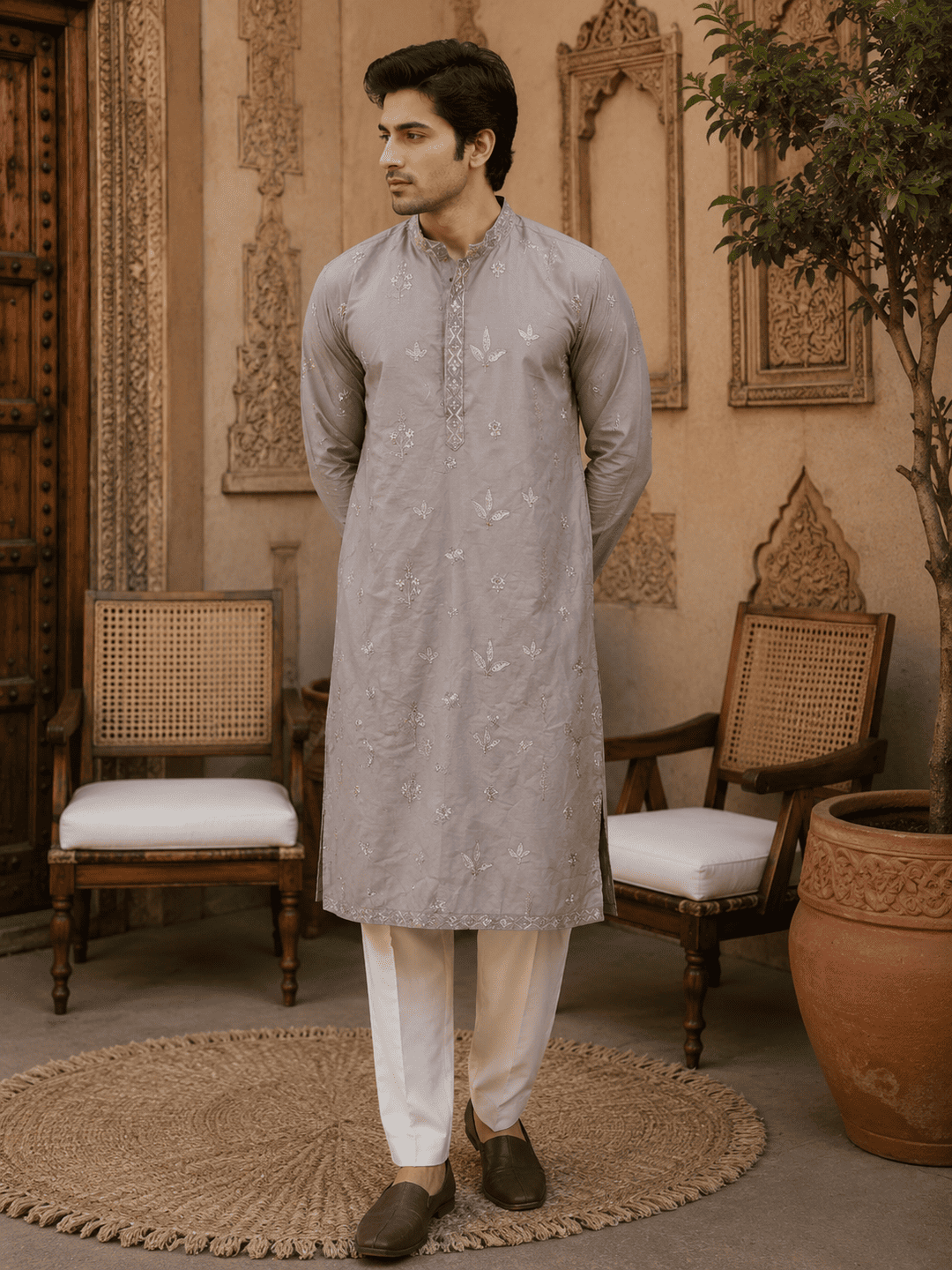 MULTI SHADES Dusty Grey Pastel Embroidered Mens Kurta