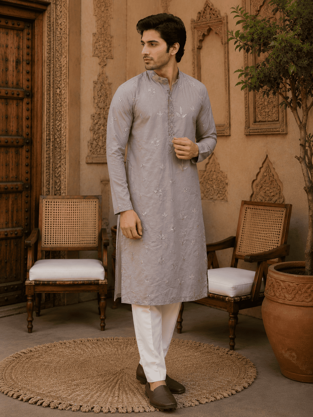 MULTI SHADES Dusty Grey Pastel Embroidered Mens Kurta Set