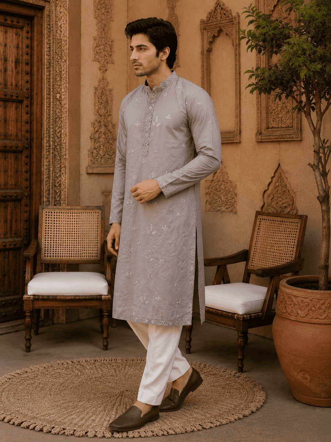 MULTI SHADES Dusty Grey Pastel Embroidered Mens Kurta Set