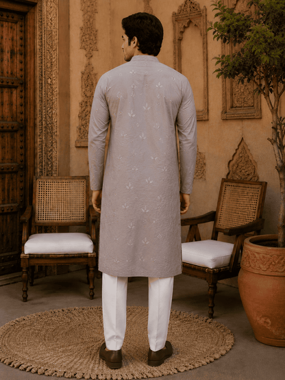 MULTI SHADES Dusty Grey Pastel Embroidered Mens Kurta Set
