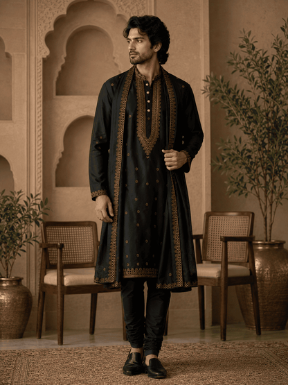 MULTI SHADES Midnight Black Royal Embroidered Kurta with Stole