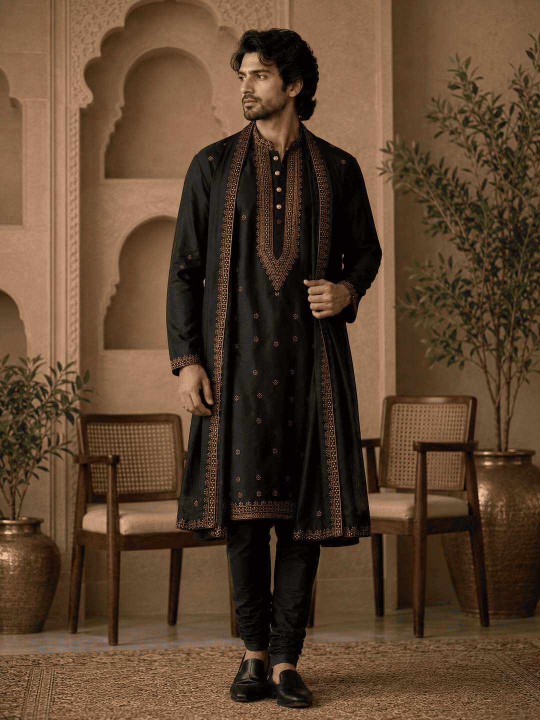 MULTI SHADES Midnight Black Royal Embroidered Kurta Set with Stole