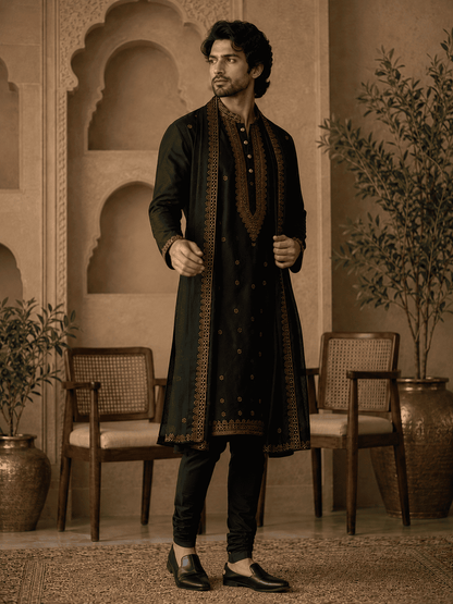 MULTI SHADES Midnight Black Royal Embroidered Kurta Set with Stole