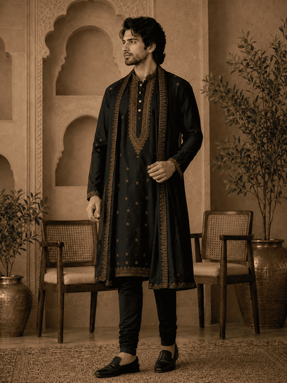 MULTI SHADES Midnight Black Royal Embroidered Kurta Set with Stole