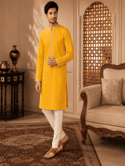 MULTI SHADES Men's Mustard Yellow Woven Ethnic Kurta with Cream Pyjama Set