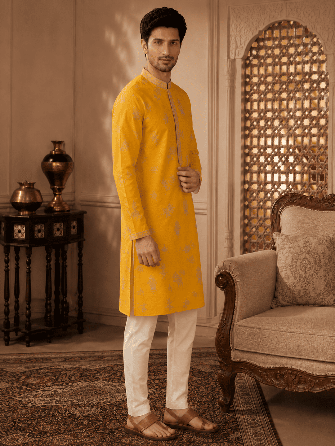 MULTI SHADES Men's Mustard Yellow Woven Ethnic Kurta