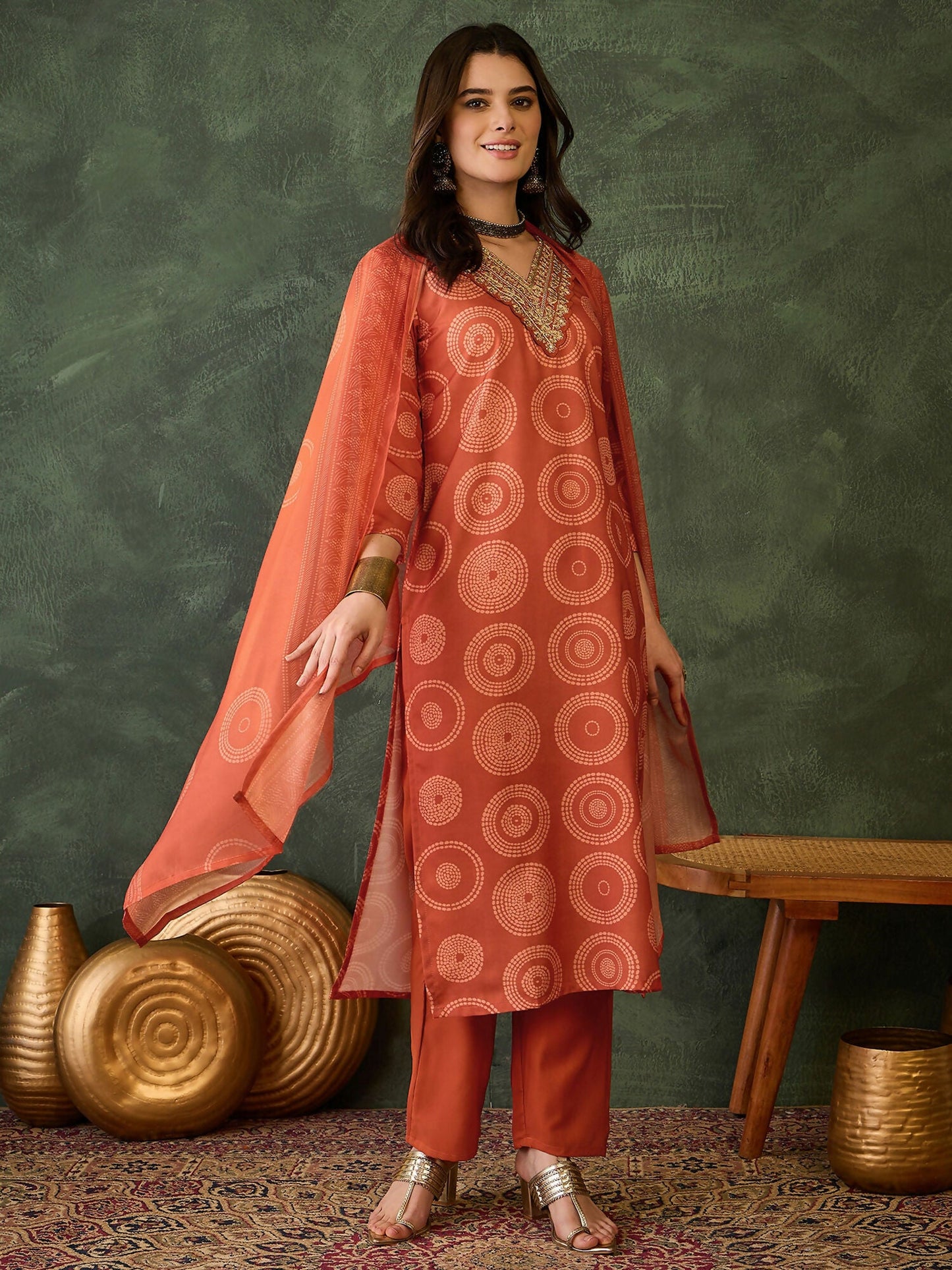 The52 Women's Gorgeous Rayon Embroidery Straight Kurta with Pant And Dupatta Set-Orange