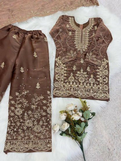 Teeya Creation Girls Heavy Embroidery Brown Ethnic Kurta And Palazzo Set With Net Dupatta