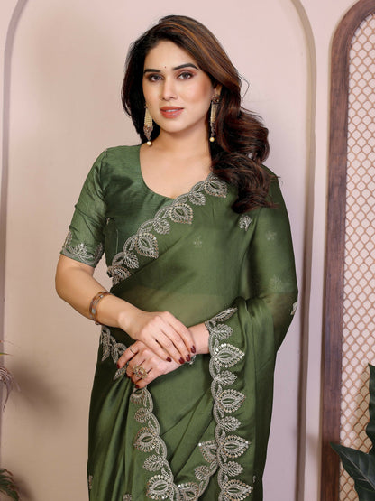 Teeya Creation New Trendy Party Wear Soft Satin Chiffon Saree-Green