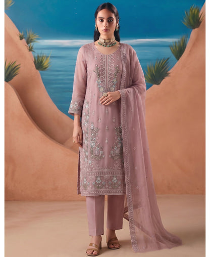 KC Heavy Chiffon Silk Pink Hand Embroidered Straight Suit For Women Wedding