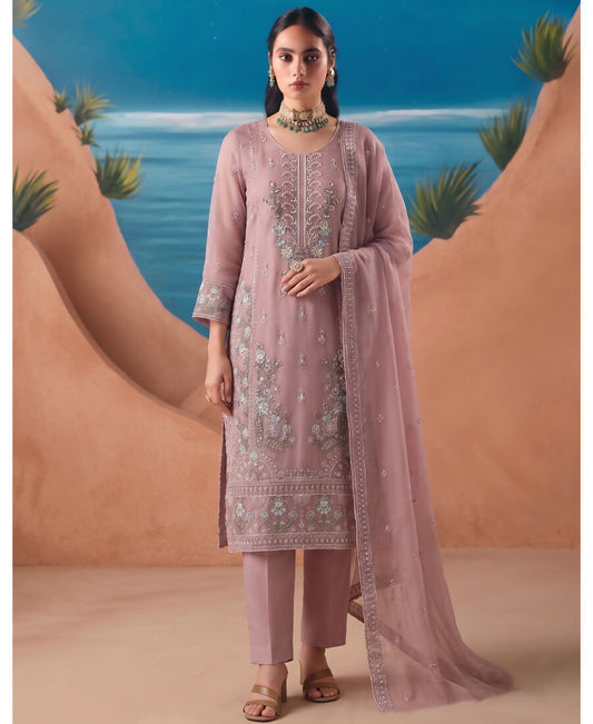 KC Heavy Chiffon Silk Pink Hand Embroidered Straight Suit For Women Wedding