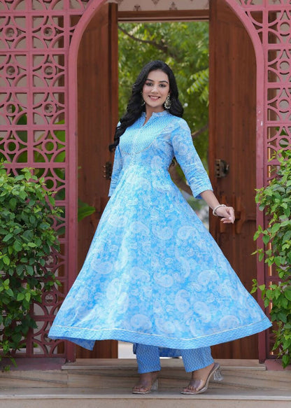 Jaimini Women Cotton Printed Mandarin Collar Neck Calf Length Flared Kurta Pant And Dupatta Set
