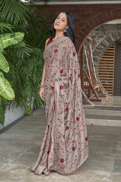 MANOHARI Georgette Embroidered Work Saree - Beige