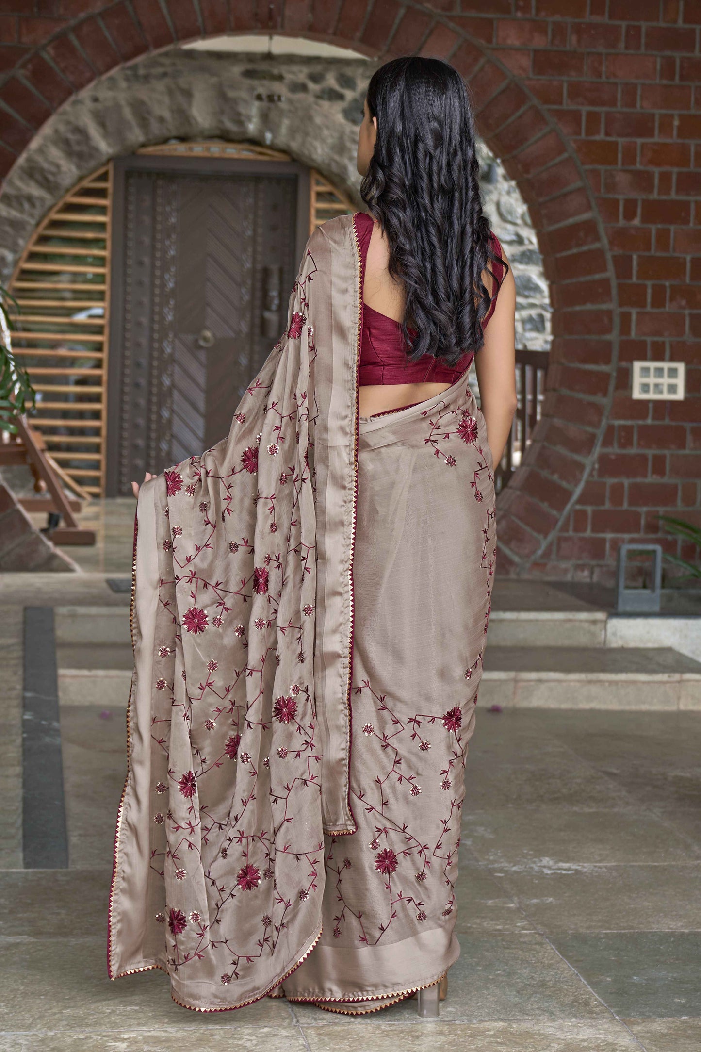 MANOHARI Georgette Embroidered Work Saree - Beige