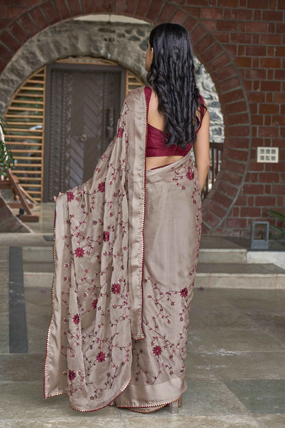MANOHARI Georgette Embroidered Work Saree - Beige