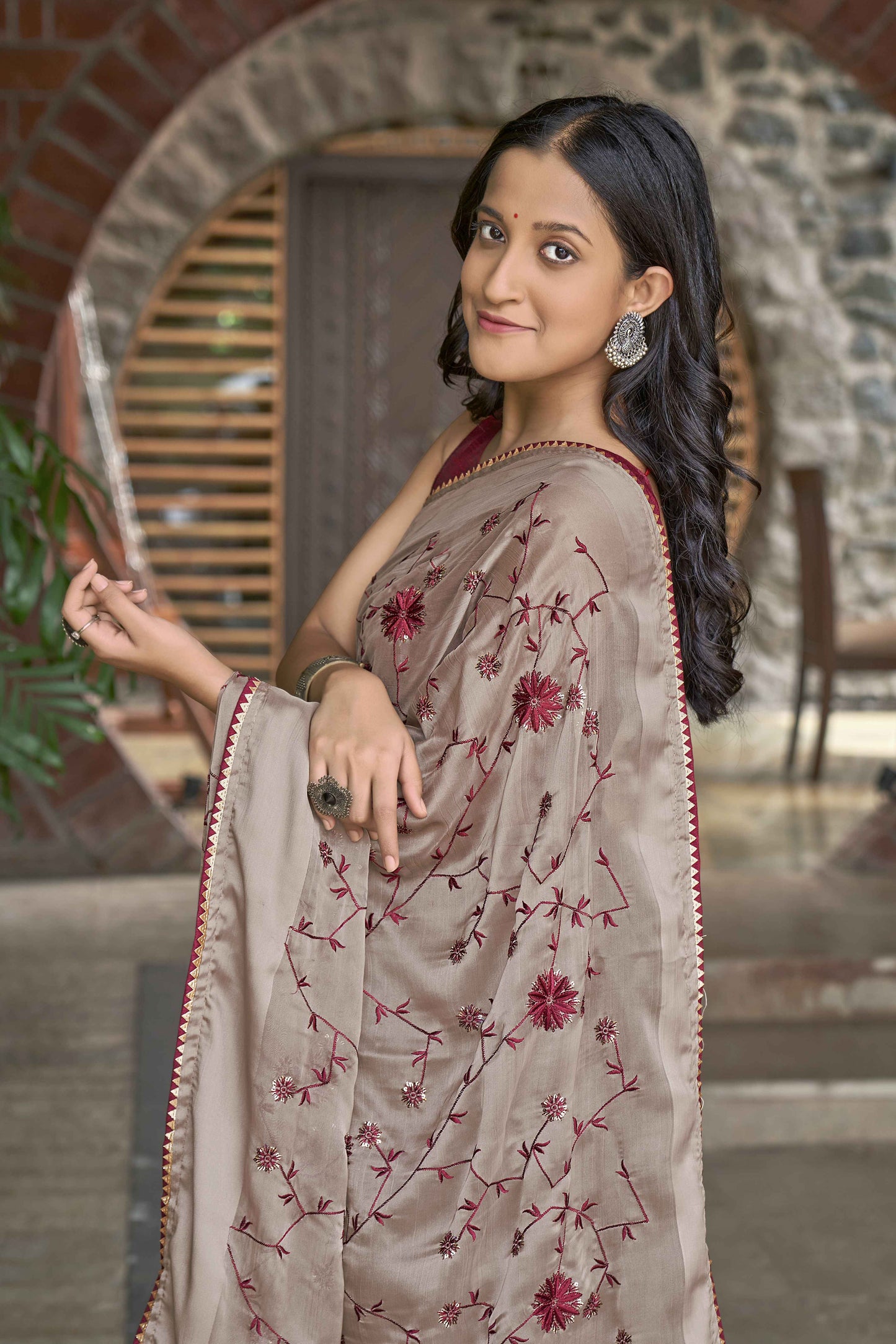 MANOHARI Georgette Embroidered Work Saree - Beige