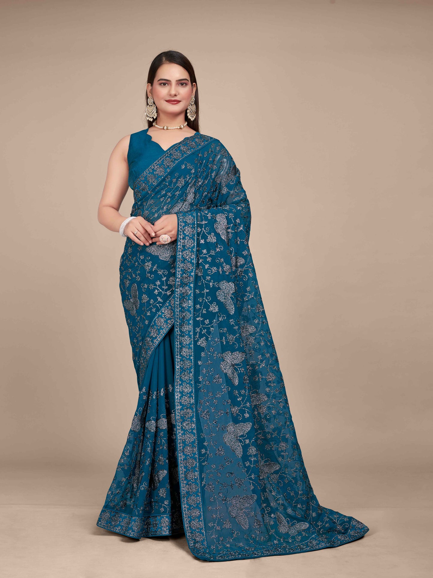 MANOHARI Georgette Embroidered Work Saree - Blue
