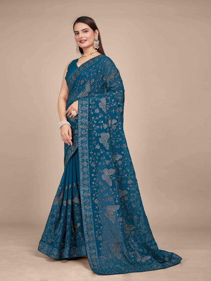 MANOHARI Georgette Embroidered Work Saree - Blue