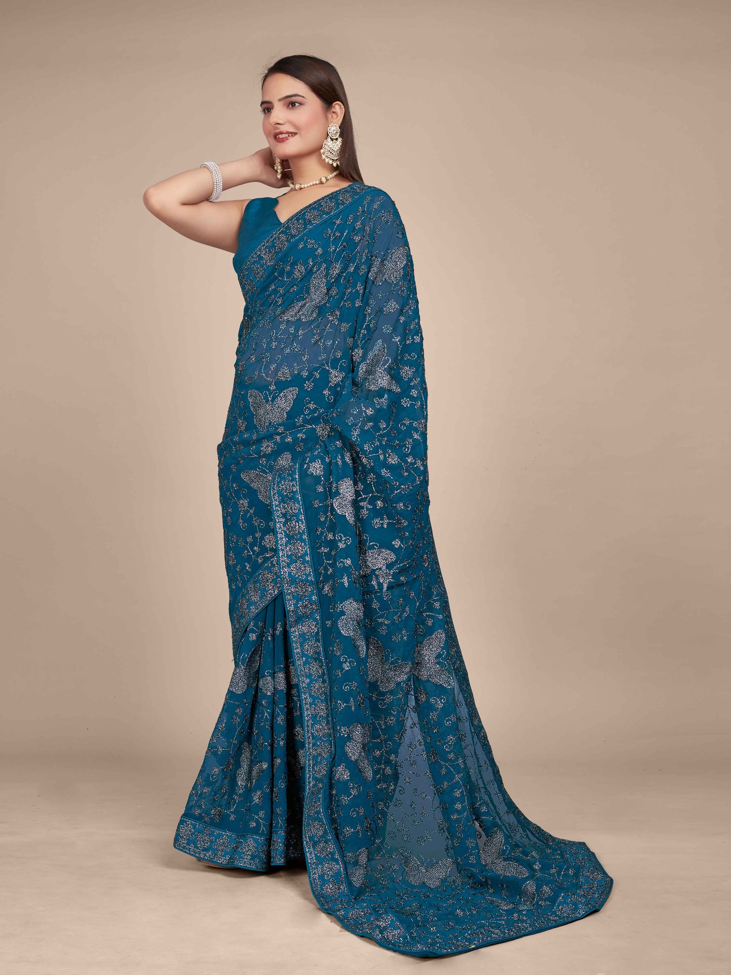 MANOHARI Georgette Embroidered Work Saree - Blue