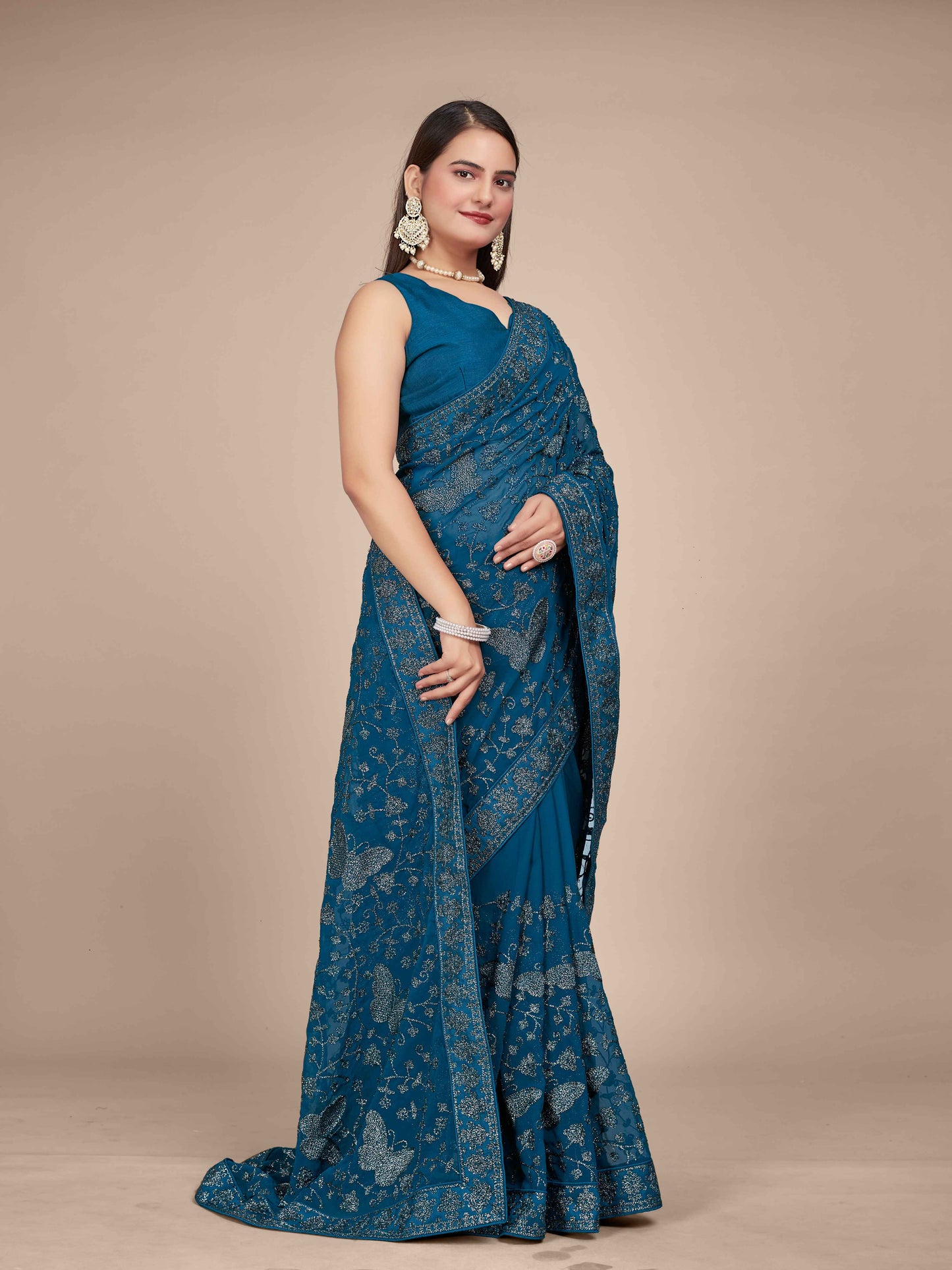 MANOHARI Georgette Embroidered Work Saree - Blue