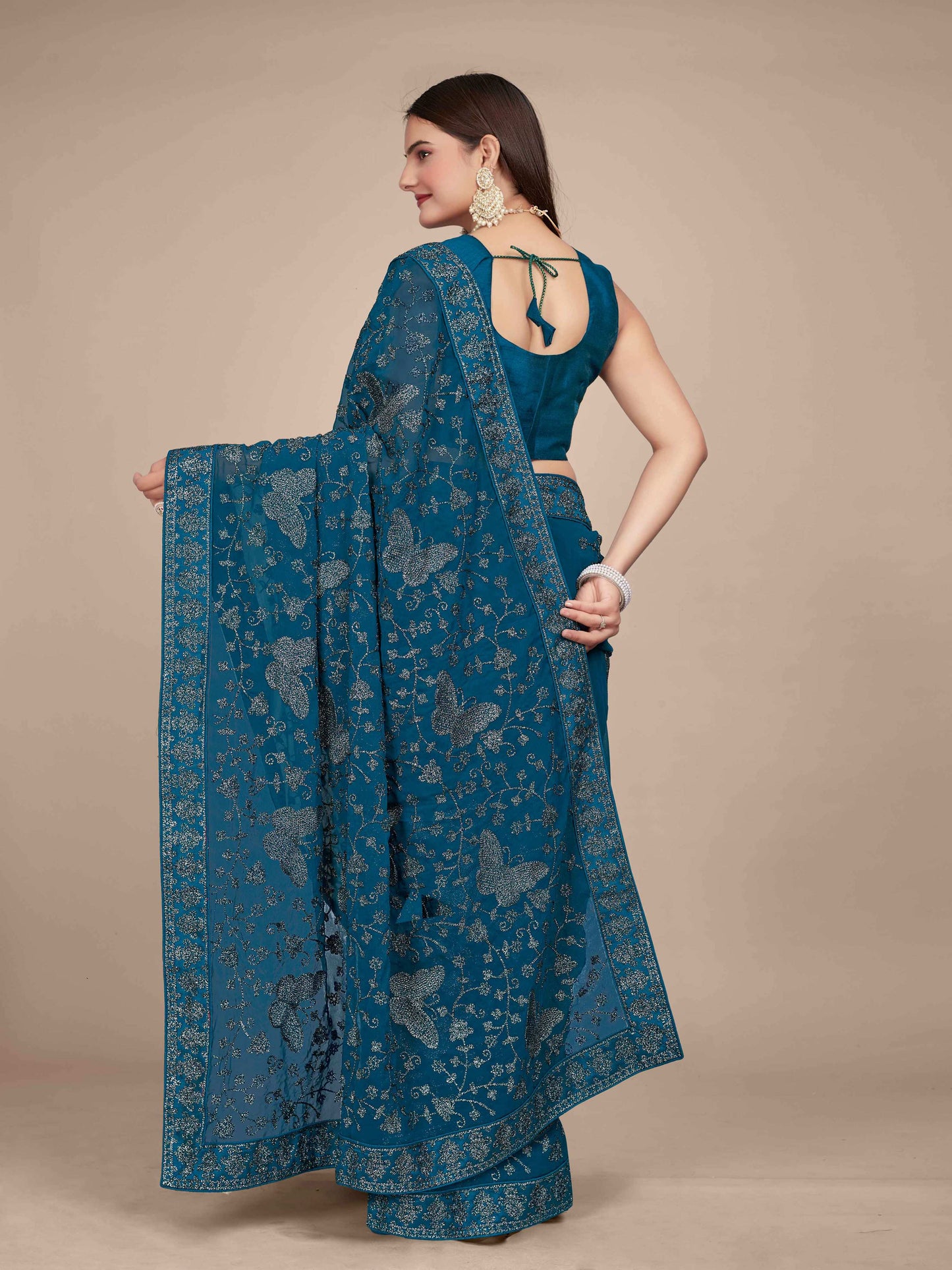 MANOHARI Georgette Embroidered Work Saree - Blue